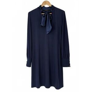 WHBM Navy Blue Long Sleeve Elegant Tie Neck Dress Women's Size Large